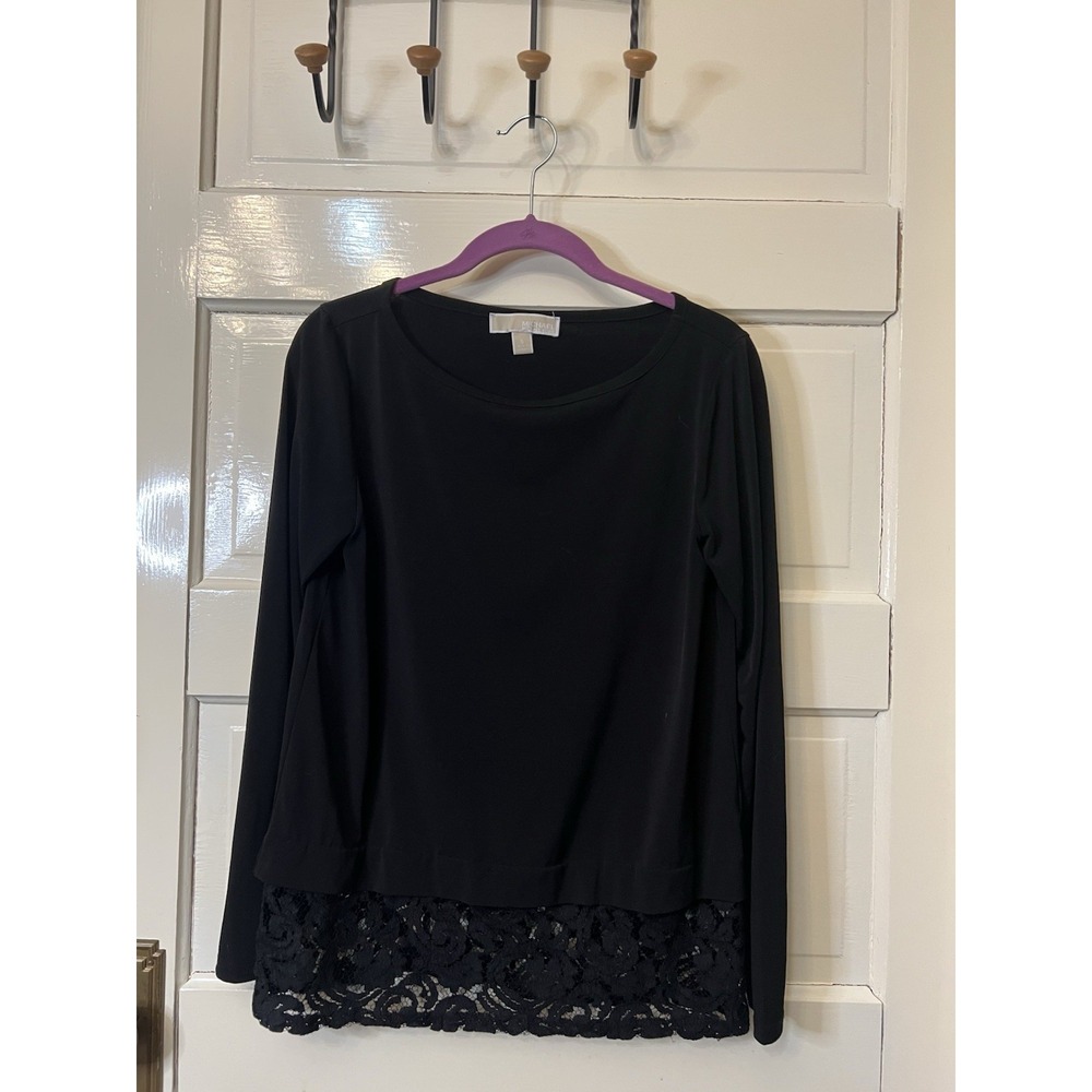 Michael Kors Women's Top Small Black Polyester with Lace Bottom Long Sleeve
